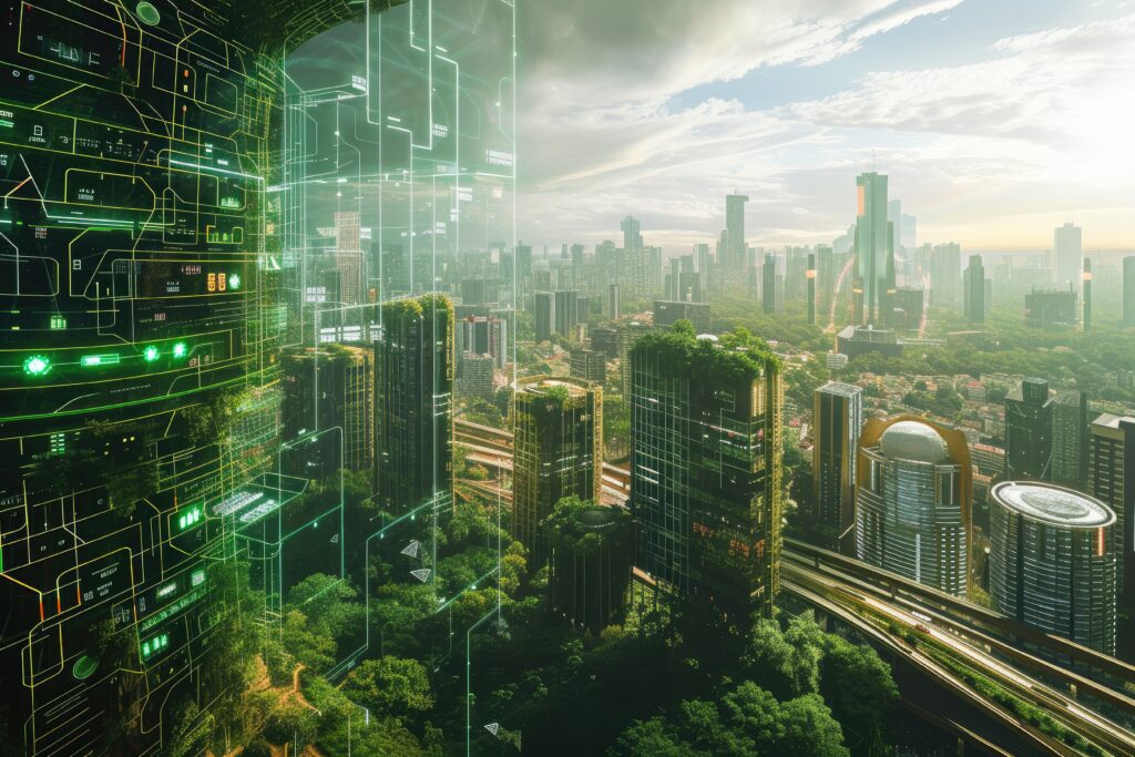 Città sostenibile con edifici verdi e infrastrutture digitali